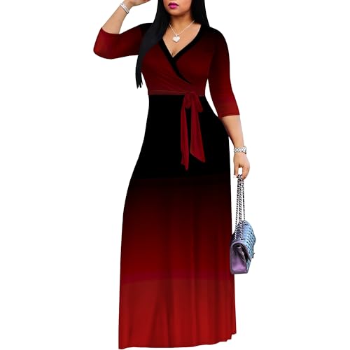 Image of PinkPatty Women's Plus Size Maxi Dresses Casual Flowy 3 /4 Sleeves Dress Printed Vacation Dress for Daily Wear with Belt