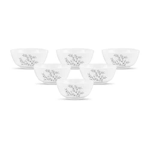 Image of La Opala Diva, Pearl Collection Opal Glass Crockery | Vegetable Bowl 220 ml Set of 6 | Dusky Vines Design | for dal & Condiments | Microwave Safe | 100% Vegetarian | Extra Strong | Light & White