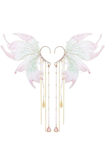 FRESHME Butterfly Fairy Ear Cuffs - Green Purple Elf Ear Cuffs with Tassel Ear Clips Non Pierced Elven Earrings Mermaid Fin Ears for Women Renaissance Costume Renfaire Cosplay Fantasy Accessories