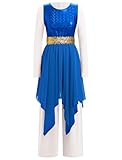 IBAKOM Women Praise Dance Overlay and Tunic with Long Sleeve Jumpsuit 2 Pieces Worship Shiny Metallic Chiffon Skirt Wide Leg Jumpsuit Liturgical Dancewear Holy Temple Church Robe Royal Blue+White XL