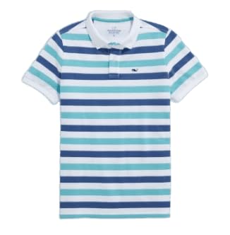 vineyard vines Boys Striped Pique Polo, Blue/White/Aqua, Medium