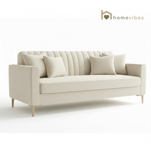 Image of 3 Seater Velum Fabric Sofa Set for Living Room, Modern Design with High Density Foam, Solid Wood Frame, Ergonomic Comfortable Seating for Home & Office (Beige, 3 Seater) | Soft foam comfort, Strong wood frame