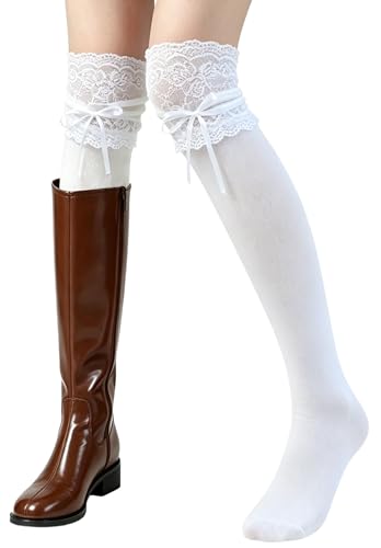 Seelsetudo White Lace Knee High Socks - Long Boot Stocks Knee High Stockings Over Knee High Fashion Casual for Girl (Bow White)