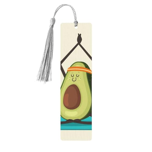 かわいいヨガアボカドプリント タッセル付き木製しおり5点、読書ページマーカー ブックマーク、男性女性へのギフト。