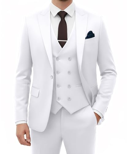 Suits Men White 3 Piece Classic Fit Tuxedo Dress Suit Jacket Blazer Vest Pants for Wedding Business Formal Fashion Grooms L