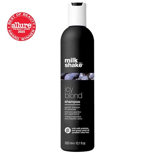 milk_shake icy blond shampoo award winning shampoo with black pigment to cool brassy tones and enhance platinum blonde hair ideal for maintaining icy, ash-toned color
