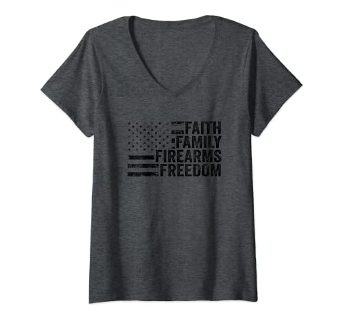 Mujer Faith Family Armas de fuego y libertad - Camo USA Flag Pro Dios Guns Camiseta Cuello V