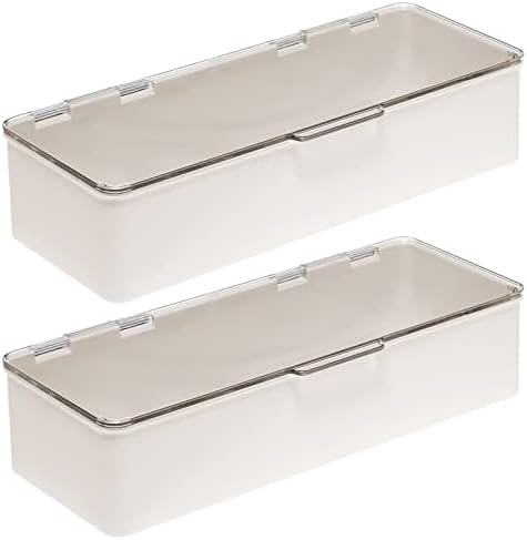 Long Plastic Cosmetic Storage Organizer Box Containers, Hinged Lid for Bedroom, Bathroom Vanity Shelf or Cabinet, Holds Masks, Palettes, Lotion, Nail Polish, 2 Pack, Cream/Beige/Clear