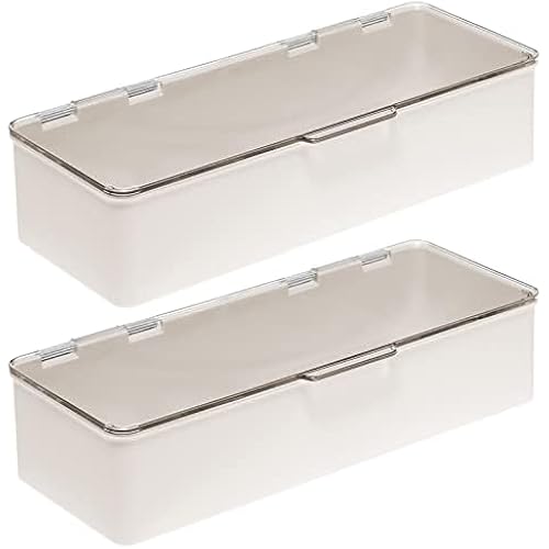 mDesign Long Plastic Cosmetic Storage Organizer Box Containers, Hinged Lid for Bedroom, Bathroom Vanity Shelf or Cabinet, Holds Masks, Palettes, Lotion, Nail Polish, 2 Pack, Cream/Beige/Clear