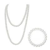 LEEQBCR 1 Piece Pearl Necklace & Bracelet Set, White 150cm, 1920s Costume Accessories, Ladies Elegant Faux Pearl Necklace