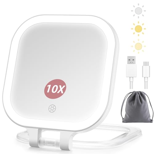 Rechargeable Travel Makeup Mirror with Light,1X/10X Double Sided Magnifying Mirror,Portable Lighted Makeup Beauty mirror,3 Color Lighting,Dimmable Touch Screen, Foldable/Handheld/Hanging/Desktop