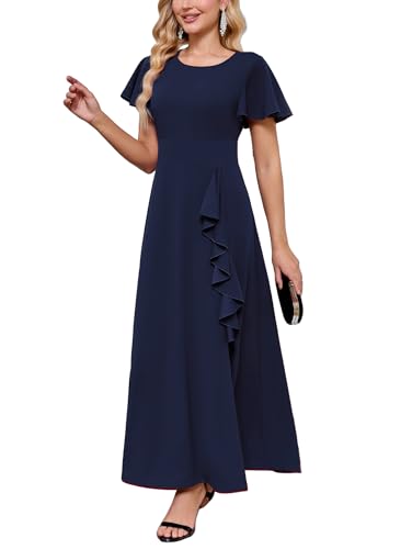 TVVZOOZ Women's Modest Formal Dresses with Knee Length Side Slit A Line Ruffle Maxi Evening Gowns Short Sleeve for Wedding Guests Navy Blue