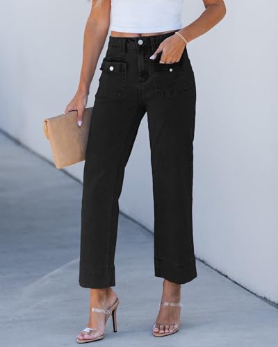 GRAPENT Wide Leg Jeans for Women Trendy High Waisted Straight Leg Cropped Stretchy Denim Pants with Retro Patch Pockets2