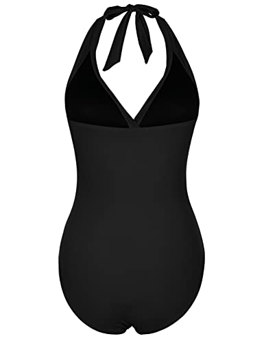 Hilor V Neck One Piece Swimsuit For Women Halter Backless Ruched Tummy Control Bathing Suit Sexy Slimming Swimwear Black 12 #TOP4