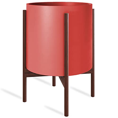 Mid Century Plant Stand With Pot Included - 10 inch Planter with Stand for Indoor Plants & Flowers - Large Ceramic Planters - Wood Legs, Modern, Tall Floor Wooden Snake Plant Pot Stand Holder - Red