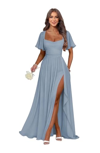 AKMESXAY Dusty Blue Pleated Chiffon Short Sleeve Bridesmaid Dresses for Women Ruffle Slit Cowl Neck Floor Length A Line Formal Evening Dresses Size 8