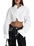 Remidoo Women's Long Sleeve Cropped Button Down Shirt Crop Top Blouse Asymmetrical Tops White X-Large