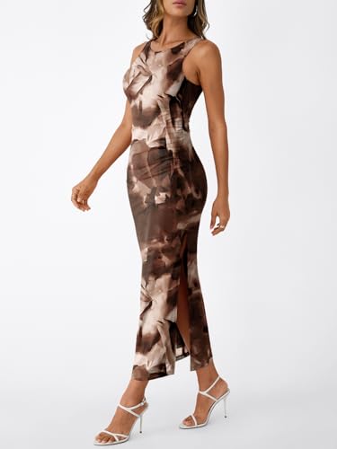 Image of Trendy Queen Bodycon Maxi Dress Womens Sleeveless Floral Print Fitted Party Club Ruched Dresses with Side Slit