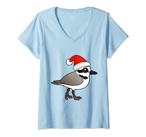 Santa Snowy Plover Cute Cartoon Christmas Shorebird Bird V-Neck T-Shirt