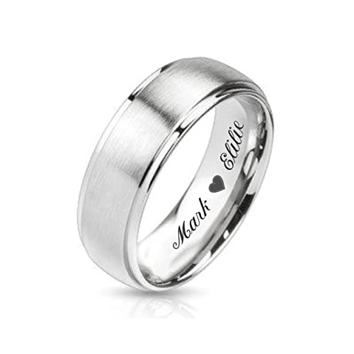 Personalized Two Tone Brushed With High Polished Edge Silver Dome Ring Custom Engraved Free In Any Language - Silver Wedding Band - 6mm - Ships from USA2