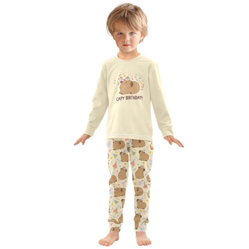 Cute Capybara Birthday Print Yellow Cute Pajama Sets Long Sleeve Top and Pants, Snug Fit Sleepwear for Night Wears3