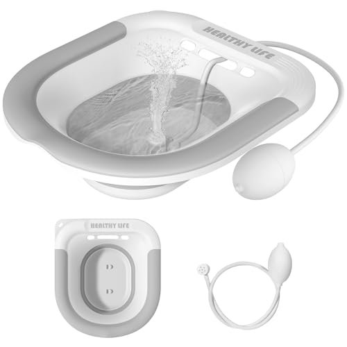 Sitz and bath for Toilet Hemorrhoids Postpartum Care Perineal Soaking for Women Collapsible Sitz Bath Kit with Flusher Hose Wider Seat Deeper Bowl (Gray)