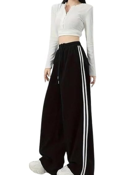 Image of Women's Wide Leg Track Pants High Waisted Baggy Sweatpants with Side Stripe Casual Athleisure Lounge Trousers