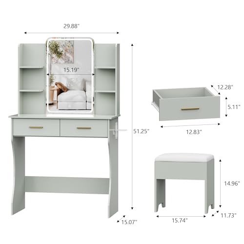 Image of Small Vanity Desk with Mirror and Lights, Makeup Vanity with LED Lights, Green Vanity Mirror with Lighted Desk and Chair, 3 Lighting Adjustable Compact Dressing Table with Mirror for Women, Girls