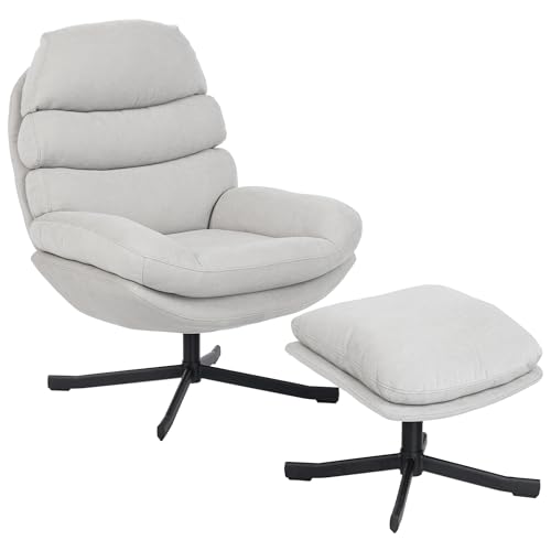 HOMCOM Relaxsessel mit Hocker Sessel Loungesessel mit Chenille-Optik breiter Sitzfläche Drehbar Polstersessel Armlehnensessel für Wohnzimmer, Schlafzimmer, Cremeweiß