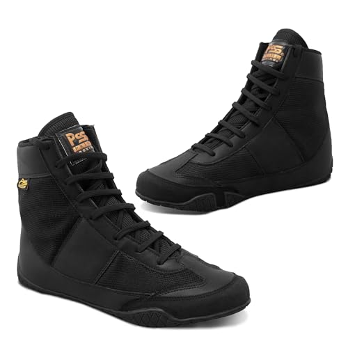 PSS Zapatos de boxeo con agarre al tobillo con cordones largos, entrenamiento, taekwondo, combate, artes marciales, culturismo, atletismo, fitness, deporte, escalada, Black, 42 1/3 EU