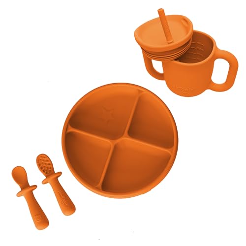 Image of TalkTools ITSY Silicone Baby Plates Set with Suction – Feeding Essentials for Toddlers 6–12 Months+ | BLW Mealtime Set with Twin Spoon, Spill-Proof Sippy Cup | Self-Feeding Utensils (Tangerine)