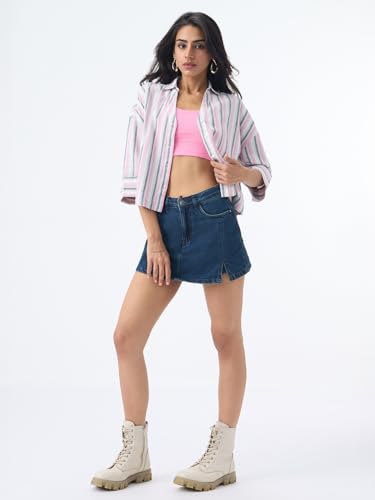 Image of The Souled Store Cotton Linen Shirt: Women and Girls Drop-Shoulder Sleeves Spread Collar Stripes Lightweight Casual Oversized Shirt