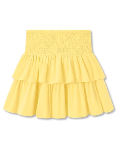 FOSTKU Girls Cute Mini Skort with Built-in Shorts - Yellow Smocked Waist Tiered Ruffle Skirt for Kids Size 8