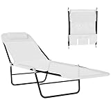 Outsunny Folding Chaise Lounge Chair, Pool Sun Tanning Chair, Outdoor Lounge Chair with Reclining Back, Breathable Mesh Seat, Headrest for Beach, Yard, Patio, Cream White
