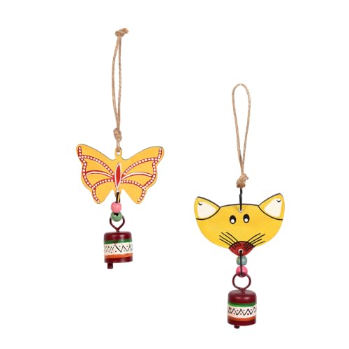 Image of Aakriti Art Creations Flutter & Whisker Wooden Hanging Bells Set | Handmade Modern Art Wooden & Metal Wind Chimes | Indoor & Outdoor Hanging Bells for Balcony, Garden, Living Room & Gifting