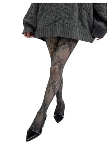 Image of RoseSeek Women's Floral Lace Fishnet Tights Kawaii Y2K See Through Stocking | Sheer Mesh, Lace Tights, Floral Lace Fishnet Tights, Thigh Highs, Leggings, Y2K Stockings