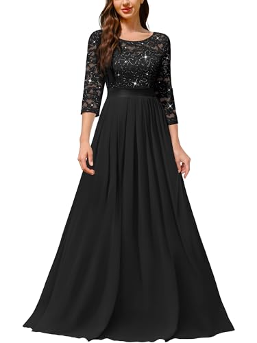 Miusol Women's Classy Scoop Neck Sequined Floral Lace Ruffle Split Wedding Party Maxi Dress