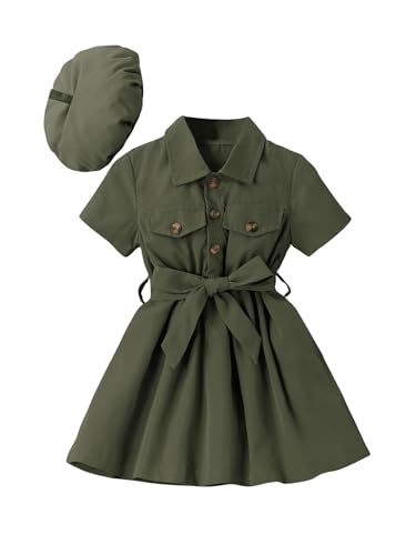 WDIRARA Toddler Girl's Button Front Short Sleeve Belted Collar Aline Dress with Hat