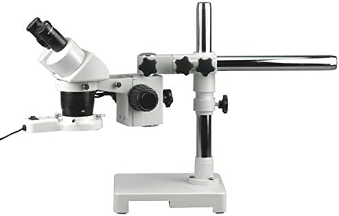 AmScope SW-3B13X-FRL Binocular Stereo Microscope, WH10x Eyepieces, 5X/10X/15X/30X Magnification, 1X/3X Objective, Single-Arm Boom Stand, 8W Fluorescent Ring Light, 110V-120V, Includes 0.5x Barlow Lens