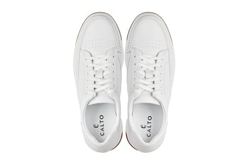 CALTO Men's Invisible Height Increasing Elevator Shoes - White/Off-White & Gum Sole Premium Leather Leather Lace-up Fashion Sneakers - 2.6 Inches Taller - Y7932 - Size 9 D(M) US4