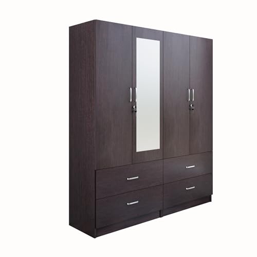 Image of VIKI Wardrobe | Wooden Almirah for 4 Door 4 Drawer with Shelves & Hanging Space Mirror Wardrobe (Dark Wenge - 40D x 160W x 180.8H) | 1 Year Warranty | Free Assembly