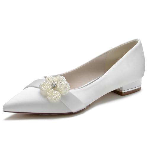 Zapatos De Novia De Satén con Punta Puntiaguda para Mujer Zapatos De Bailarina De Tacón Plano con Lazo De Perlas Sin Cordones Zapatos De Vestir De Fiesta De Graduación,Blanca,41 EU