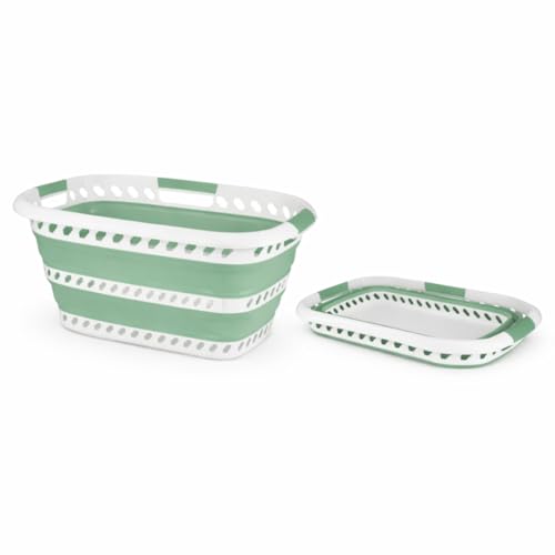 Image of Laundry 360 Collapsible Laundry Basket | Portable | Space Saver Storage | Hold 2 Loads | Store Under the Bed or Closet | Good for Kids | Dorm | Bedroom | Large | White /Sage