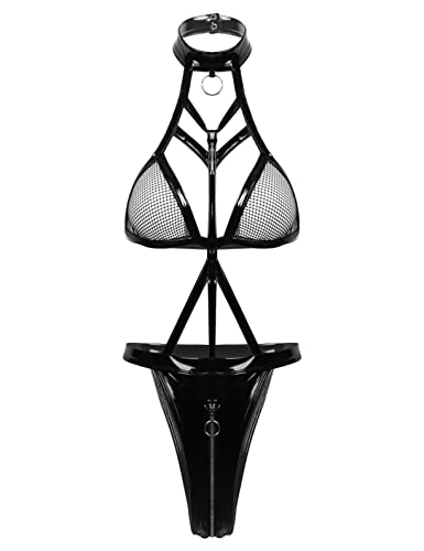 YEAHDOR Body Donna Sexy Lingerie Intimo Babydoll Bodysuit Reggiseno in Rete Perizoma Aperto con Zip G-String Indumenti da Notte Biancheria Intima Transparente Nero S