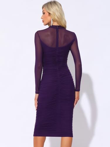 Image of Allegra K Mesh Dress for Women Long Sleeve Mock Neck Ruched Bodycon Dresses | Ruched, Lightweight Stretchy Mesh Sheer, Evening, Cocktail, Party Club