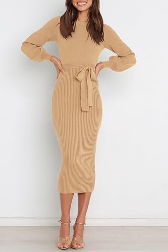 Image of HAEOF Womens 2026 Fall Midi Sweater Dress Winter Puff Long Sleeve Bodycon Ribbed Knit Trendy Business Casual Work Dresses