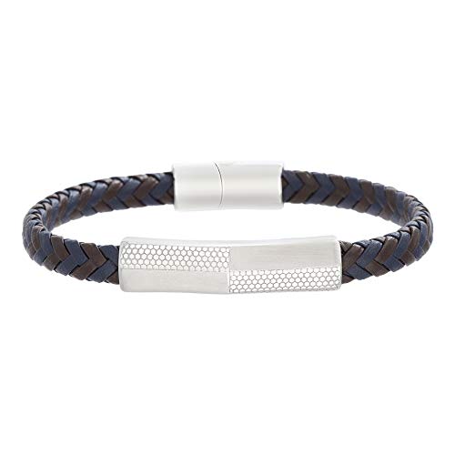 Steve Madden Stainless Steel Brown Blue Braided Leather Textured ID Bracelet for Men