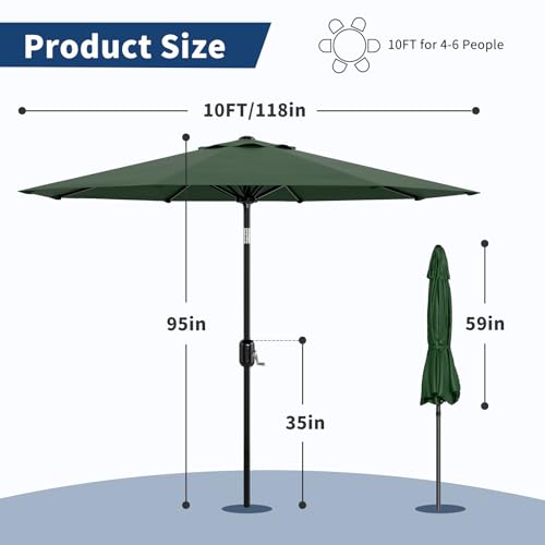 10Ft Patio Umbrella - 8 Sturdy Ribs Outdoor Table Umbrella with Crank Lift & Push Button Tilt - Market Umbrella for Pool, Deck, Yard, Garden - Dark Green
