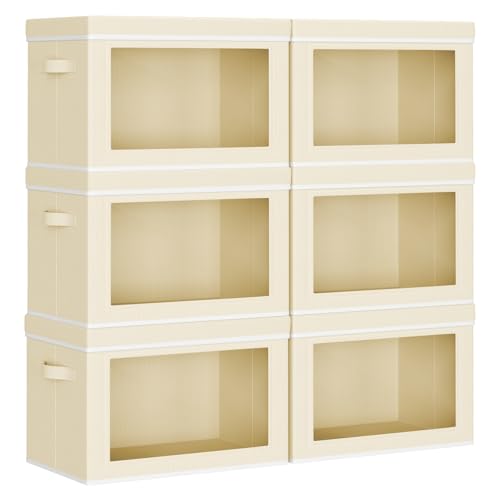 Image of Homsorout Collapsible & Stackable Fabric Storage Bins with Front Window, 6 Pack for Closet, Bedroom, Nursery, Home & Office, Beige, 14.9 x 9.8 x 9.8 Inches