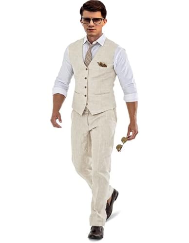 Lightweight Linen Suits for Men 2 Piece for Beach Wedding Elegant Linen Vest and Pants Set for Event STXZ0192